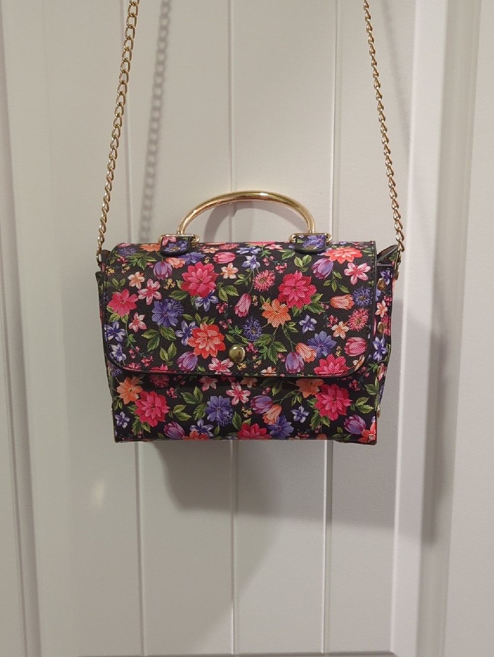 Floral Print Top-Handle Crossbody Bag - Black Multicolor